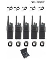 Set van 5 Kenwood NX-1300NE3 UHF Nexedge IP54 5Watt met tafellader, beveiligingoortje en koffer