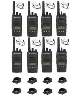 Set van 8 Motorola XT460 IP55 PMR446 met beveiliging oortje M1 2-Pins en tafellader 